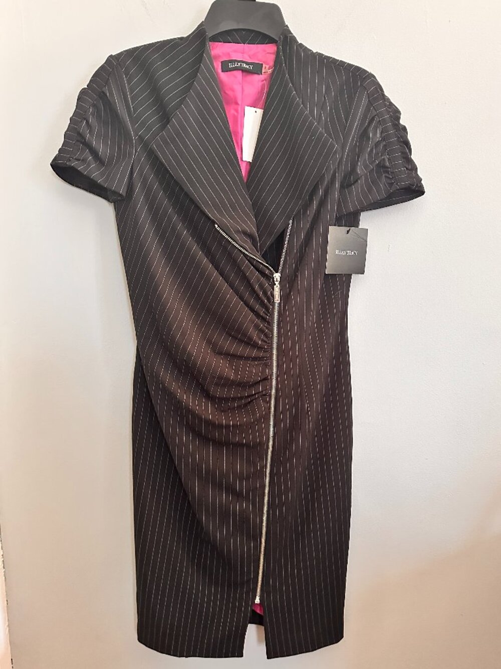 NWT Ellen Tracy Black Pinstripe Asymmetrical Zip Dress Size 2